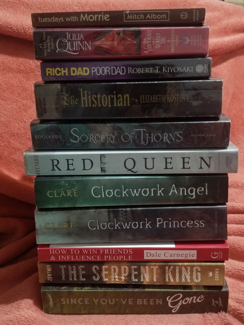 PRELOVED BOOKS (Category: Storybooks) located in Calamba. Submitted by matchadoiiing (Listing ID 1295996501, Image 1). Description: PRICES: tuesdays with morrie - SOLD the viscount who loved me - 180 rich dad poor dad - 120 clockwork angel - SOLD clockwork princess - SOLD the serpent king - 100 sorcery of thorns- SOLD red queen - SOLD how to win friends & influence people - SOLD since you've been gone - 100 the historian - 100 mod: j&t / gogoexpr