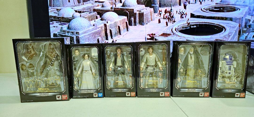 SH Figuarts Star Wars Original Trilogy Set (Rare) (Category: Figurines & Statues) located in Mandaluyong City. Submitted by jrd_19 (Listing ID 1295918003, Image 2). Description: S.H. Figuarts by Bandai Star Wars The Original Trilogy Set 1/12 Scale All Bnew/Rare figures 1. Luke Skywalker (ANH) 2. Obi-Wan Kenobi 3. Han Solo' 4. Chewbacca 5, Darth Vader 6. C3PO 7. R2-D2 8. Luke Skywalker (ROTJ) 9. Princess Leia Organa (ANH) .