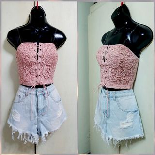 SHEIN Lace Tube Top and Tattered Denim Shorts Set