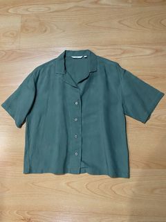 UNIQLO Olive Green Linen Blend Open Collar Short Sleeve Shirt
