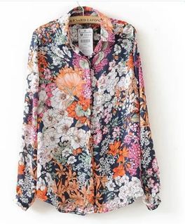 Women's Long Sleeve Multi Color Floral Shirt Blouse Longsleeves Top, Medium
