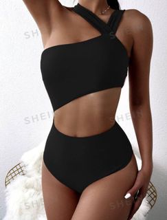 Women's Solid Color Asymmetric Shoulder One-piece Swimsuit
