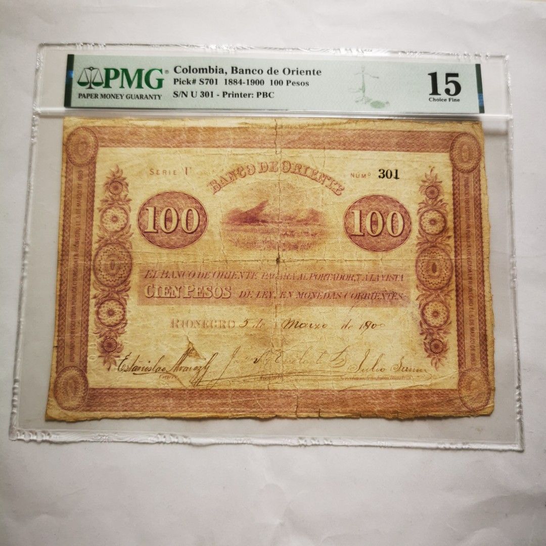 🇨🇴手簽老紙1900年哥倫比亞Banco de Oriente 100 披索Peso PMG 15, 興趣及遊戲, 收藏品及紀念品, 錢幣-  Carousell