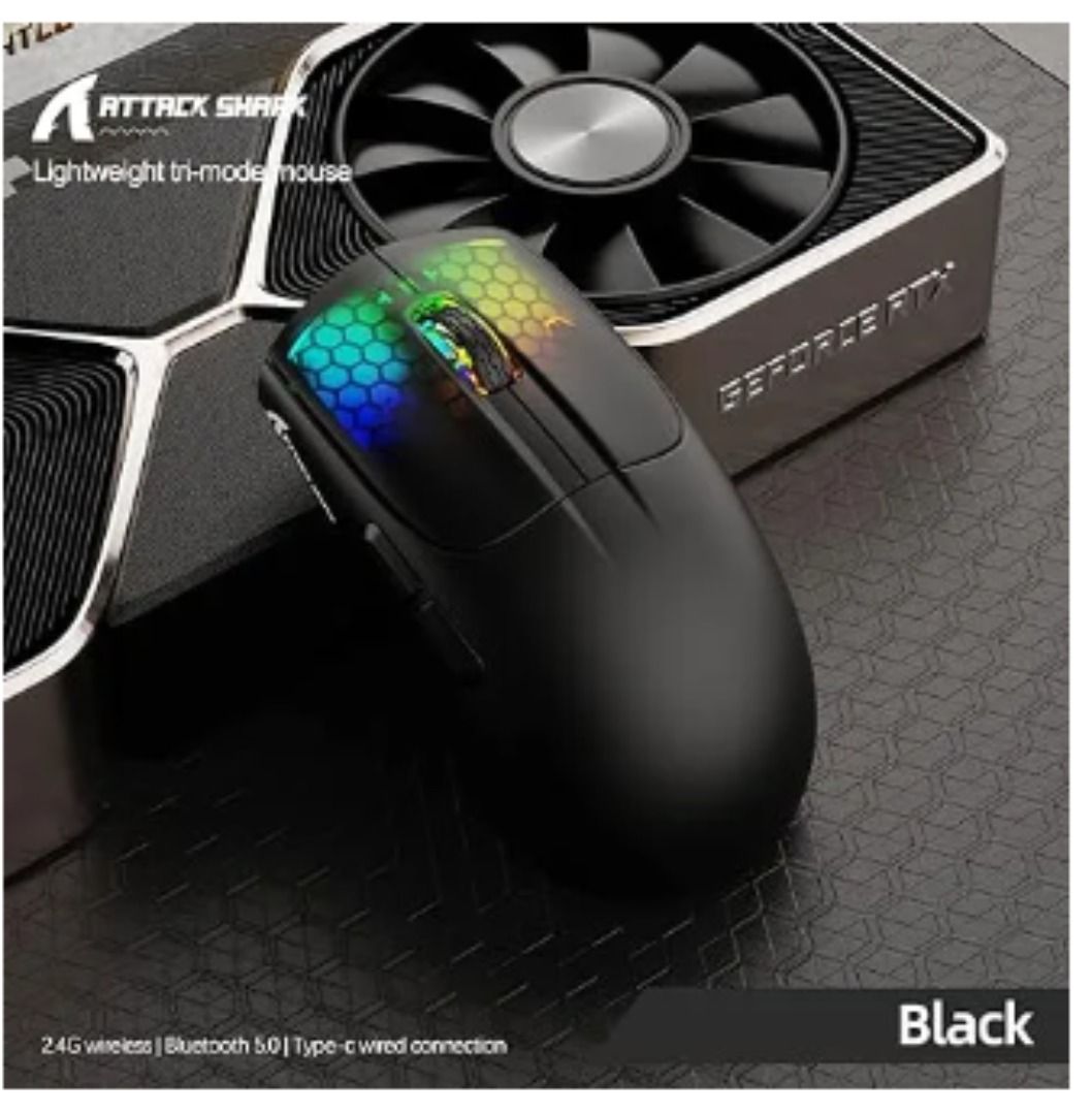 Attack Shark X5 Wireless Gaming Mouse Tri-Mode 2.4G USB-C Wired Bluetooth (Category: Mouse & Mousepads) located in Manila. Submitted by gigaware (Listing ID 1291047732, Image 2). Description: (SPECIFICATIONS) Brand:Attack Shark Model:X6 Wired/Wireless: Tri mode (Wireless 2.4Ghz, Wired Detachable Type-C, Bluetooth 5) Battery Capacity:300mA polymer battery Length of Wire:150cm Available Colors:Black, White Number of Buttons:6 RGB: Yes (honeycomb sh