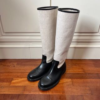 Authentic ZARA Black Genuine Leather and Canvas Contrast Knee High Riding Boots
