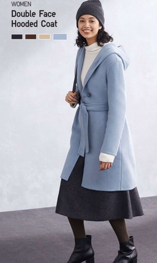 BARU UNIQLO DOUBLE FACE HOODED COAT BLUE Fesyen Wanita Muslim Fashion Atasan di Carousell