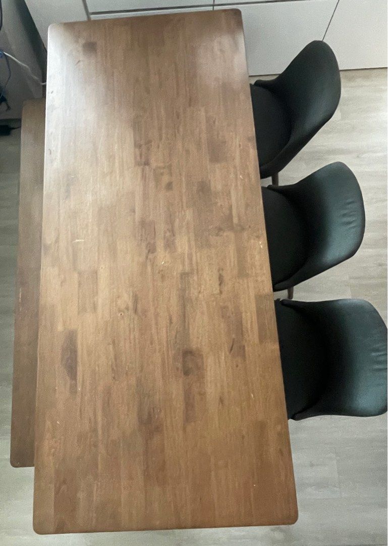 Dining Table (Category: Tables & Sets) located in Singapore. Submitted by dotzz (Listing ID 1291055854, Image 1). Description: Comes with 3 chairs and a bench. Mocking back to my mother in law’s place to selling. Condition 7/10 Has slight scratches. Slight nego for fast deal.