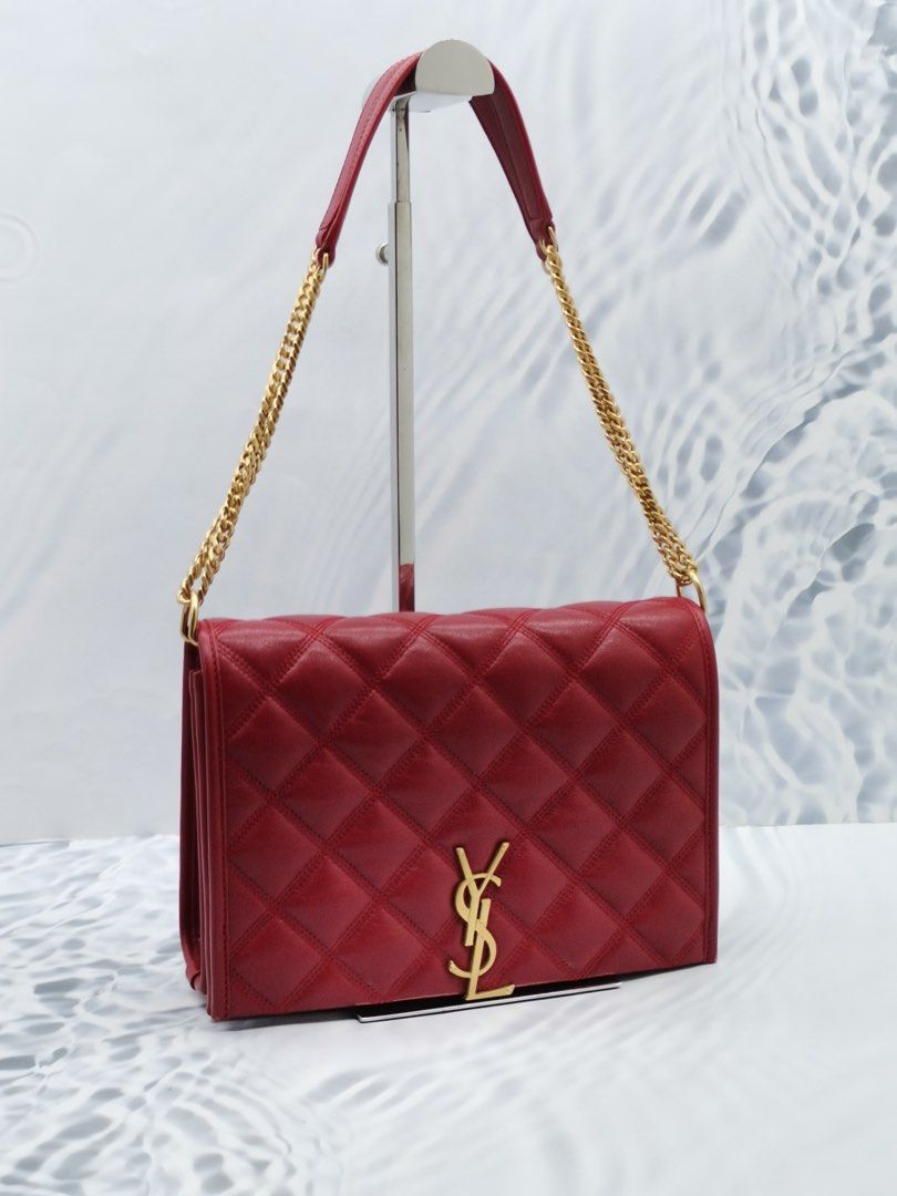 LIKE NEW 2022 YSL SAINT LAURENT DIAMOND DARK RED QUILTED LAMBSKIN LEATHER BECKY SMALL SHOULDER CHAIN BAG