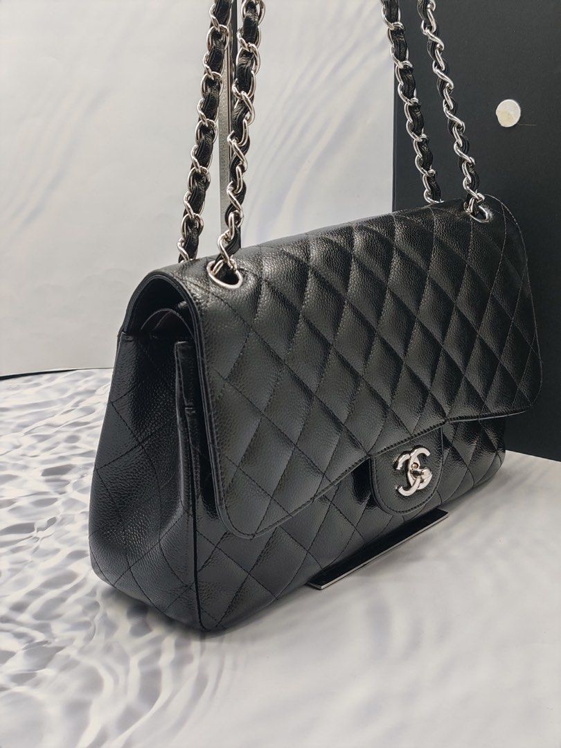 LIKE NEW CHANEL JUMBO IN BLACK CAVIAR LEATHER DOUBLE FLAP SILVER CHAIN CROSSBODY BAG YEAR 2019 FULL SET