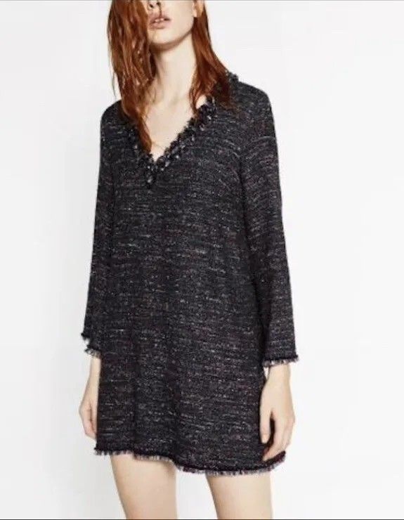 LN Zara Blue V Neck Tweed Frayed Mini Dress Blue XS Women s Fashion Dresses Sets Dresses on Carousell
