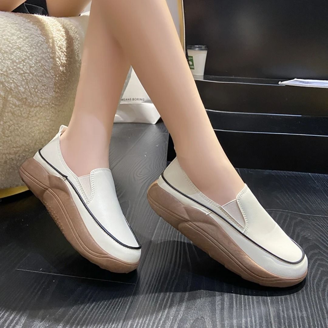 Pu Leather Platform Loafers Women 2023 Spring Anti-slip Round Toe Flat Shoes  Woman Slip on Flat Heels Casual Shoes White Sneaker, 女裝, 鞋, 波鞋- Carousell