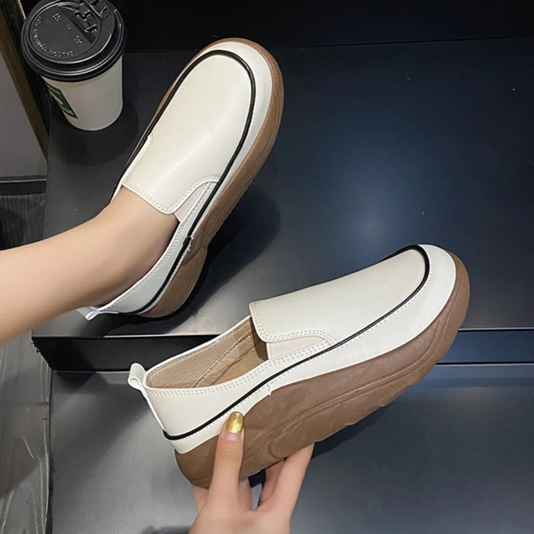 Pu Leather Platform Loafers Women 2023 Spring Anti-slip Round Toe Flat Shoes  Woman Slip on Flat Heels Casual Shoes White Sneaker, 女裝, 鞋, 波鞋- Carousell