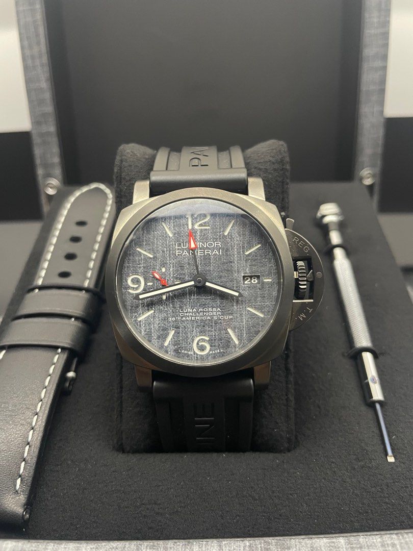 *Rare* Panerai Luminor 1036 (Category: Men's Watches) located in Manila. Submitted by watchguyph (Listing ID 1291087207, Image 1). Description: Panerai Luminor GMT Automatic “Luna Rosa 36th America cup” 44mm bezel black DLC-coated titanium, protective crown device in black ceramic – black DLC-coated titanium caseback Local AD (2020) Complete set with papers 💯 Condition 9.7/10 ** extra strap upgraded to alligator strap 💯 Only 1036 were produced 