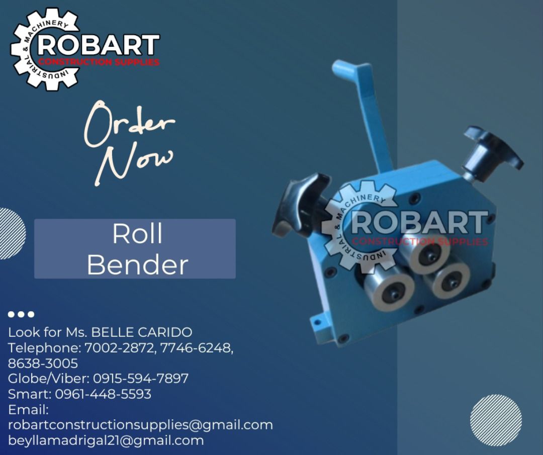 Roll Bender (Category: Construction Tools & Equipment) located in Manila. Submitted by bellarobart (Listing ID 1291014703, Image 1). Description: Roll Bender Brand: TTMC Model: PR-3 Diameter of Roller: 32mm Round Steel Capacity: 6.5mm Flat Steel Capacity: 25 x 3mm Weight: 6kgs Price: 8,350 Model: PR-5 Diameter of Roller: 70mm Round Steel Capacity: 13mm Flat Steel Capacity: 25 x 6.5mm Weight: 14kgs Price: 21,000 𝑹𝑶𝑩𝑨𝑹𝑻 𝑪𝑶𝑵𝑺𝑻𝑹𝑼𝑪𝑻𝑰𝑶