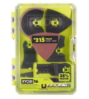 Ryobi A241601 16-Piece Oscillating Multi-Tool Blade Accessory Set, Variety of application materials including wood, metal, plastic, tile, grout, fiberglass, drywall, masonry, and concrete, Brand New.