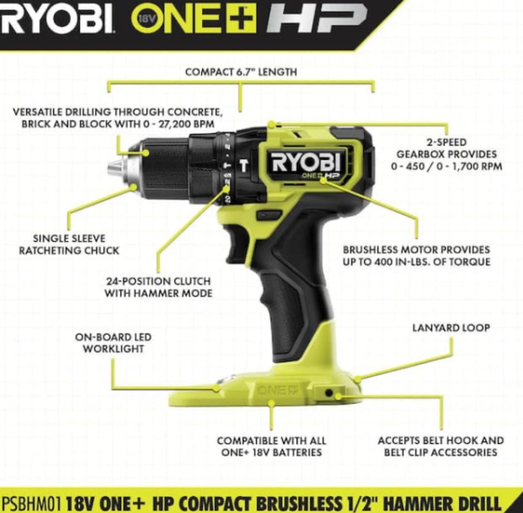 Ryobi PSBHM01K 18V BRUSHLESS Compact 1/2
