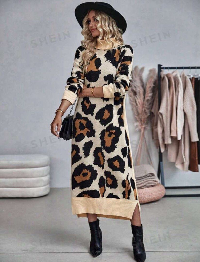SHEIN LUNE Leopard Pattern Turtleneck Split Hem Sweater Dress, Women's  Fashion, Dresses & Sets, Dresses on Carousell