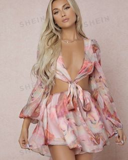 SHEIN PETITE Floral Print Backless Tie Front Jumpsuit