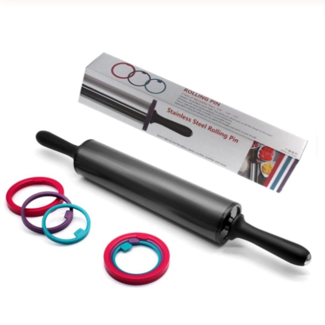 Stainless Steel Rolling Pin w/o box (Category: Bakeware) located in Quezon City. Submitted by trustrade86136 (Listing ID 1287176692, Image 1). Description: SKU: KC470 Description: • Color: Black • Ring Size: 8.5cm x 7cm x 6.5cm • Material: Stainless • Used: Dough • Comes With 3 Removable Adjustable Rings • This rolling pin comes with 3 adjustable rings that is perfect for rolling doughs with different thickness. The adjustable rings are very stab