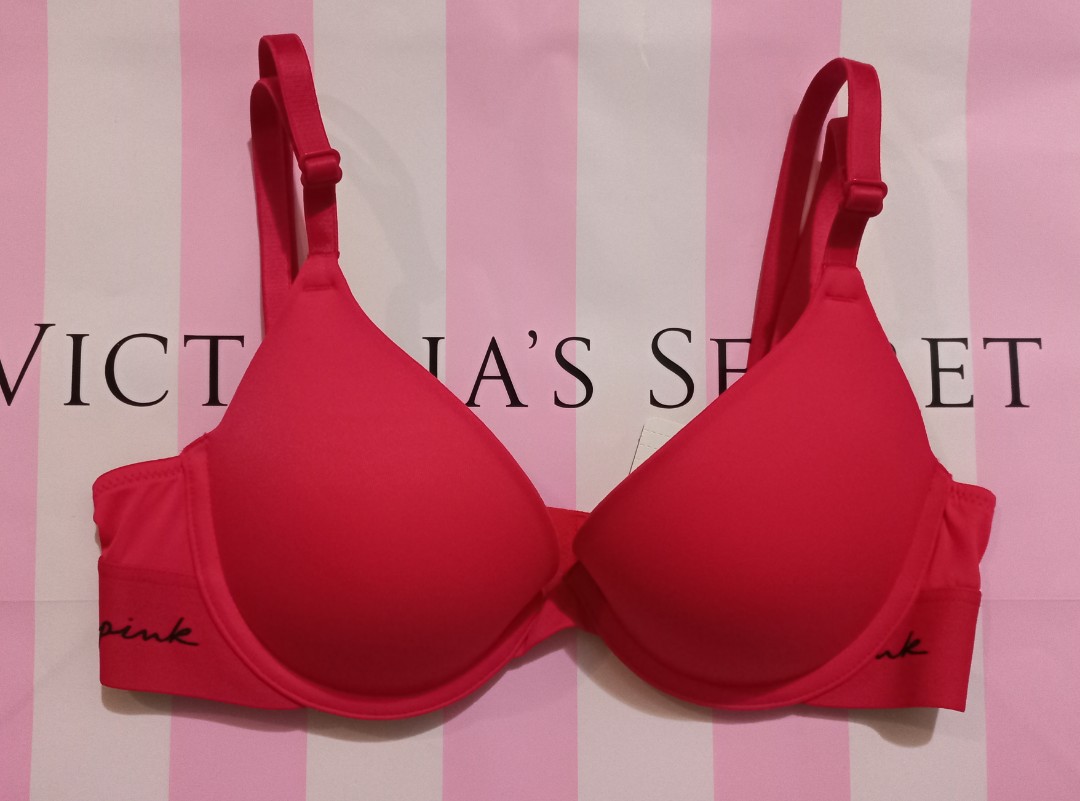 VS Rose Red Push-up bra with black pink signature, Women's Fashion