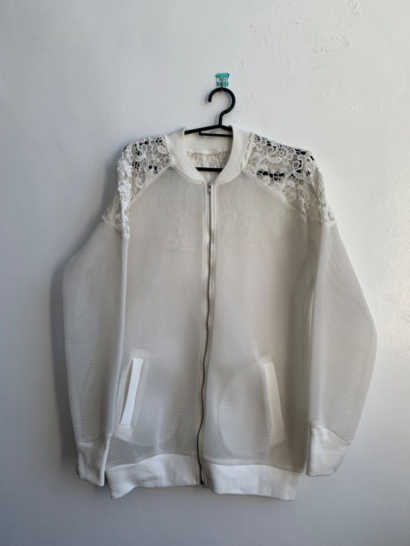 SALE WHITE MESH NET SEE THROUGH LACE JACKET Women s Fashion Coats Jackets and Outerwear on Carousell