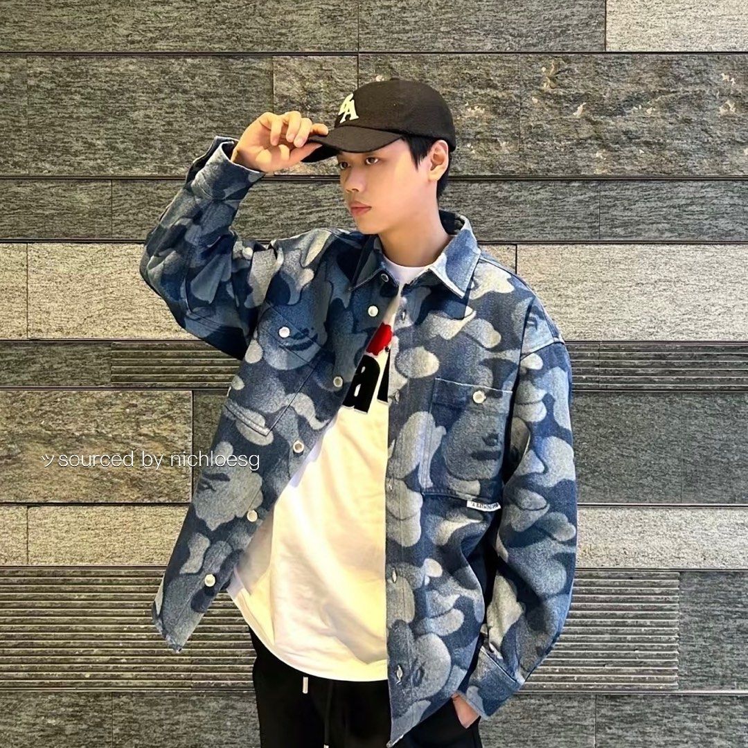 BAPE SOLID CAMO LASER WORK DENIM SHIRT Men s Fashion Tops Sets Shirts on Carousell
