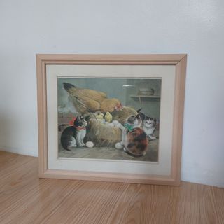 'Cats and Hens' - Vintage Japanese Art Print with Frame