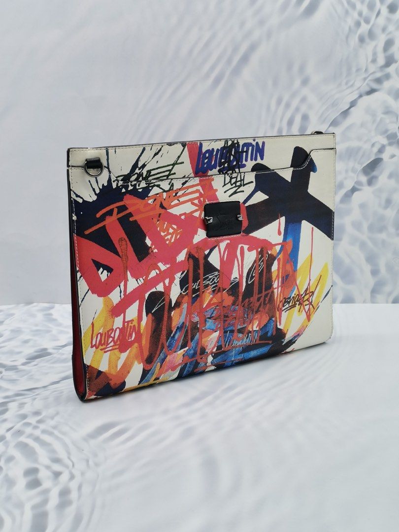 CHRISTIAN LOUBOUTIN MEN S SKYPOUCH GRAFFITI GRAPHIC POUCH CROSSBODY LEATHER BAG WITH STRAP IN MULTICOLOR