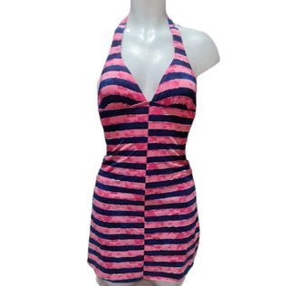 Halter Pink Blue Stripes Swim Dress Swimsuit Size Medium and Large