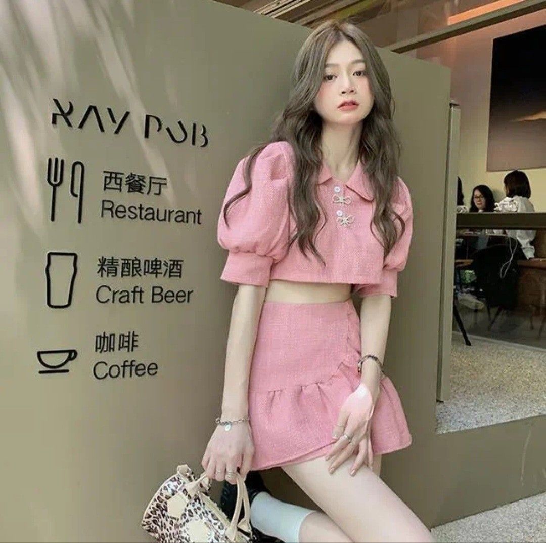 KOREAN PINK TWO PIECE SKIRT SET Women s Fashion Dresses Sets