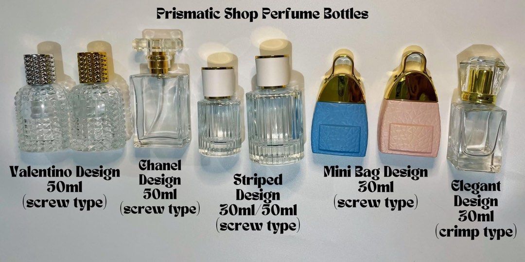 Perfume Bottles (Category: Fragrance & Deodorants) located in Quezon City. Submitted by jesscagungun (Listing ID 1291288320, Image 1). Description: -Valntino Design Perfume Bottle 50ml (screw type) ₱75 -Chanel Design Perfume Bottle 50ml (screw type) ₱37 -Striped Design Perfume Bottle 50ml (screw type) ₱65 -Striped Design Perfume Bottle 30ml (screw type) ₱50 -Mini Bag Design Perfume Bottle 30ml (screw type) ₱75 -Elegant Design Perfume Bottle 30ml 