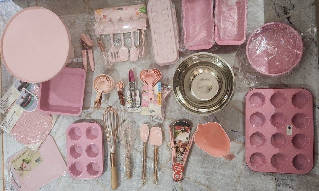 PINK BAKING SET AND TOOLS (Category: Cookware & Accessories) located in Imus. Submitted by erianodiegna (Listing ID 1291216081, Image 1). Description: Take all only. Unused Pink Baking set and tools. RFS: bought this all sa instagram account -The PinkPans last 2020-2021 (can send proof). Change my mind to aesthetic color and theme paglipat ng house so it was stored lang sa cabinet. NEVER USE. (Last Image) NOT INCLUDED ROSEGOLD MINI SET. LAST PHOT