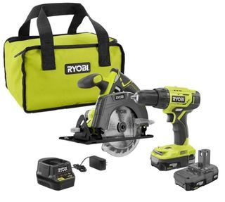 Ryobi P1816 18V Drill and Circular Saw Starter Kit with 2 pcs 1.5Ah Batteries, Charger (converted to 220V) and Tool Bag, 24-position clutch and 2-speed gearbox (0 450 RPM and 0 - 1,750 RPM) to match your drilling and driving needs, Brand New in box.
