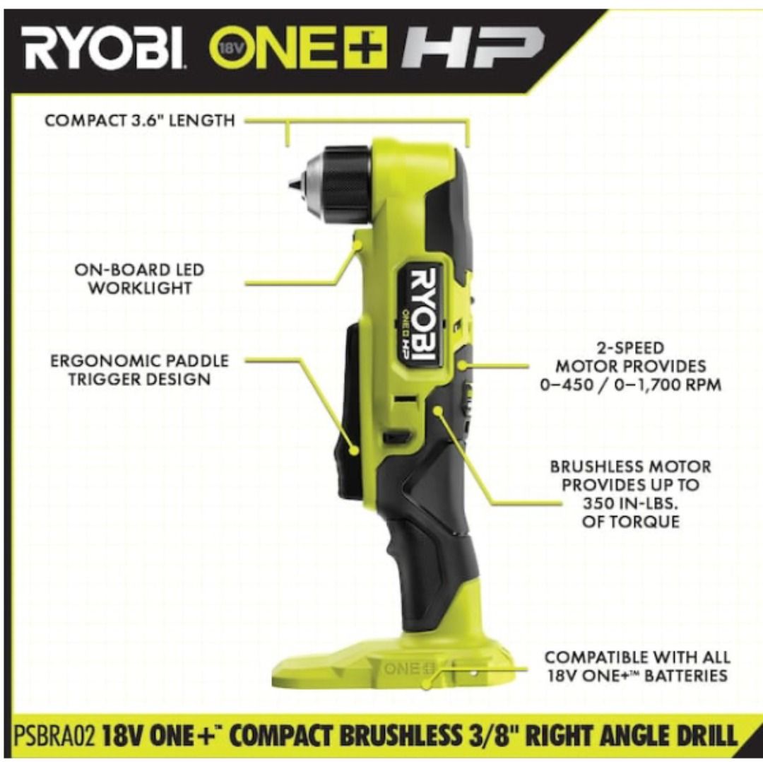 RYOBI 18V ONE+ HP Compact Brushless Right Angle Drill Kit