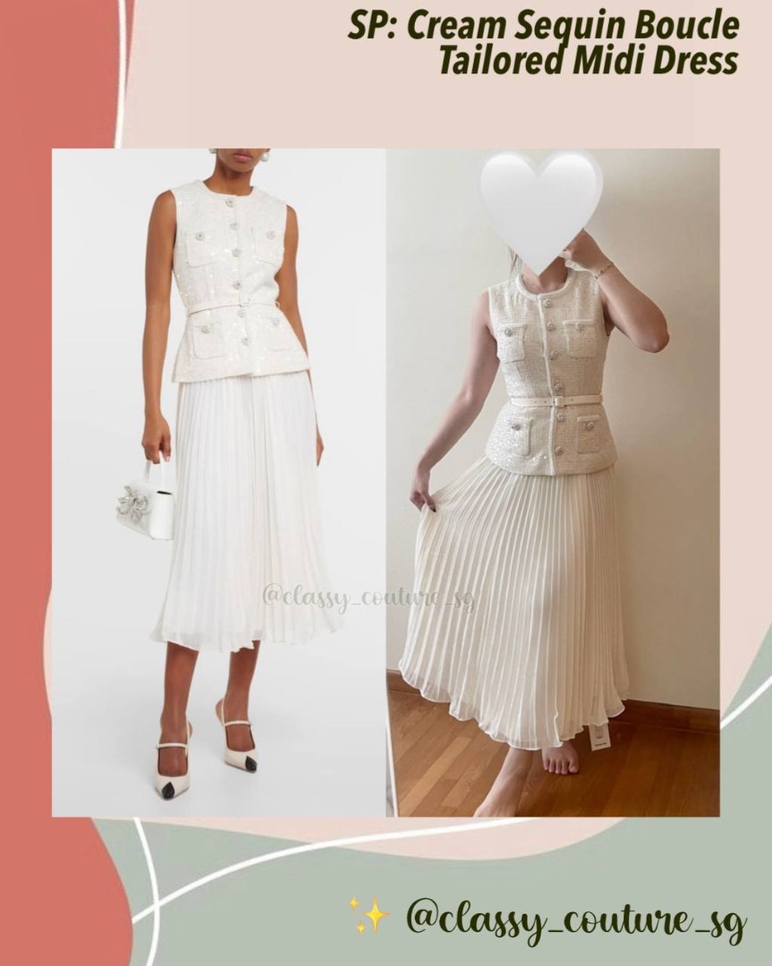 【SELF PORTRAIT】SEQUIN BOUCLE TAILORED ミディドレス Cream Sequin Knit Tailored Midi Dress – self-portrait-EU