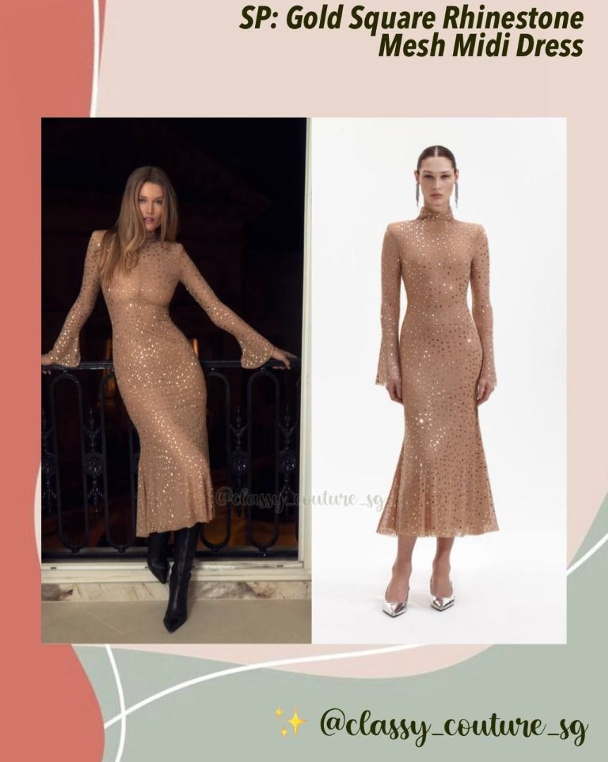 brown square rhinestone mesh midi dress SP Gold Square Rhinestone Mesh Midi Dress main image 1