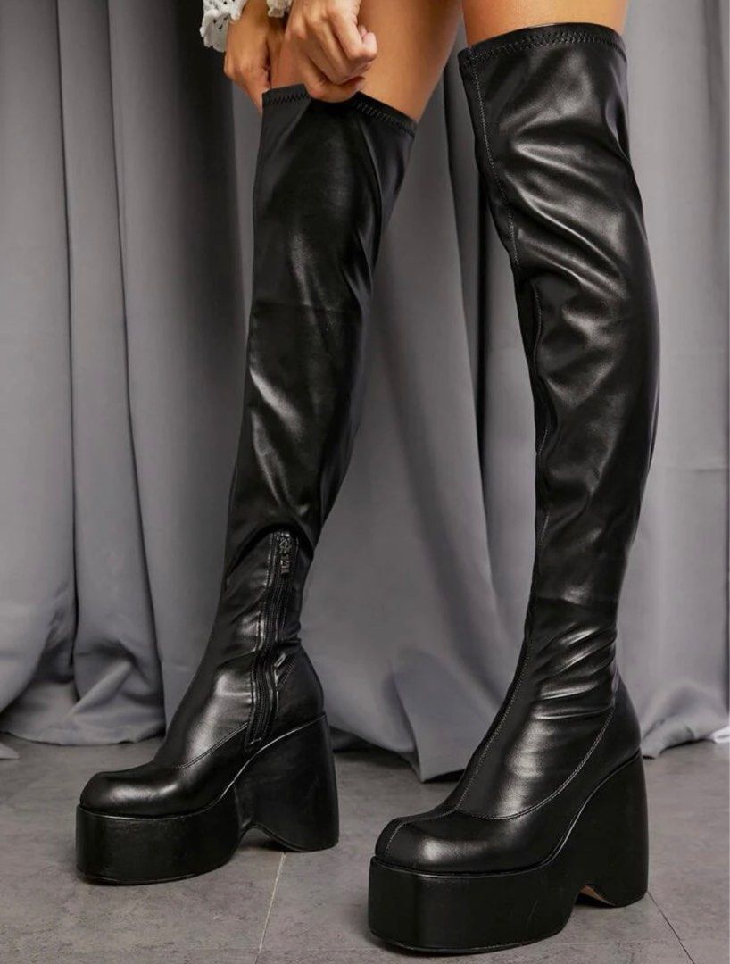 Shein Black Faux Leather Square Toe Thigh High Boots Women s Fashion Footwear Boots on Carousell