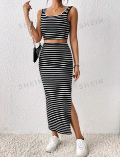 SHEIN Privé Striped Print Crop Tank Top & Split Thigh Skirt black&white