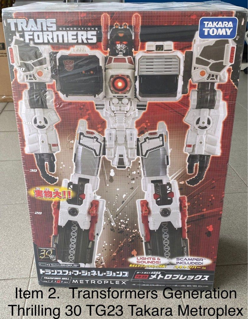 Transformers (Category: Toy Figures) located in Singapore. Submitted by vendahansa (Listing ID 1291295239, Image 1). Description: Transformers Generation Thrilling 30 TG23 Takara Metroplex. Items sold are non-refundable and non-exchangeable. Seller will not be responsible for any manufacturer defects, such as broken piece, poor painting finish, etc. if any. Please clarify before commit to make offer. .