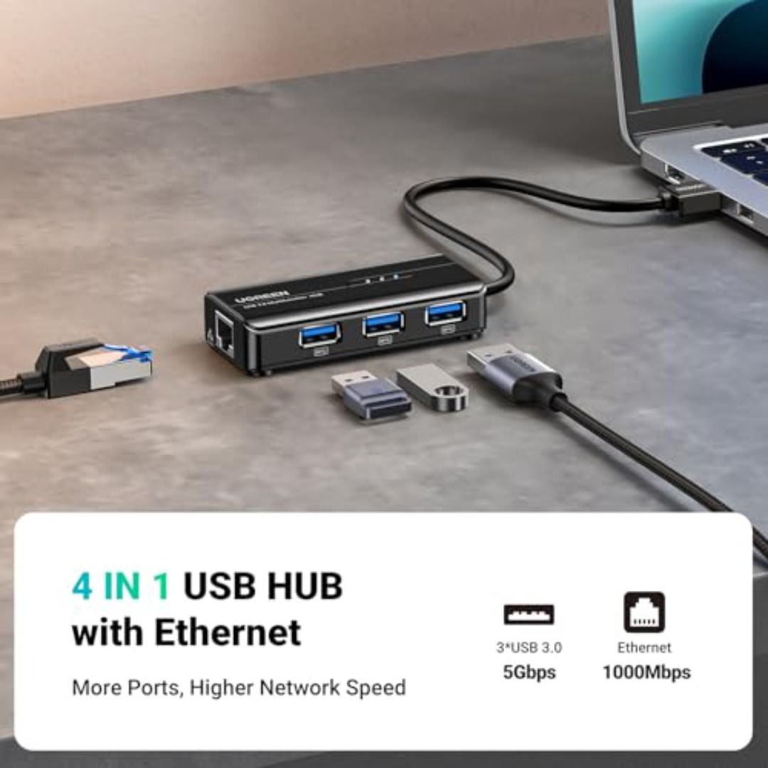 UGREEN 4 in 1 USB Hub to Ethernet Adapter, Gigabit USB Ethernet Hub to ...