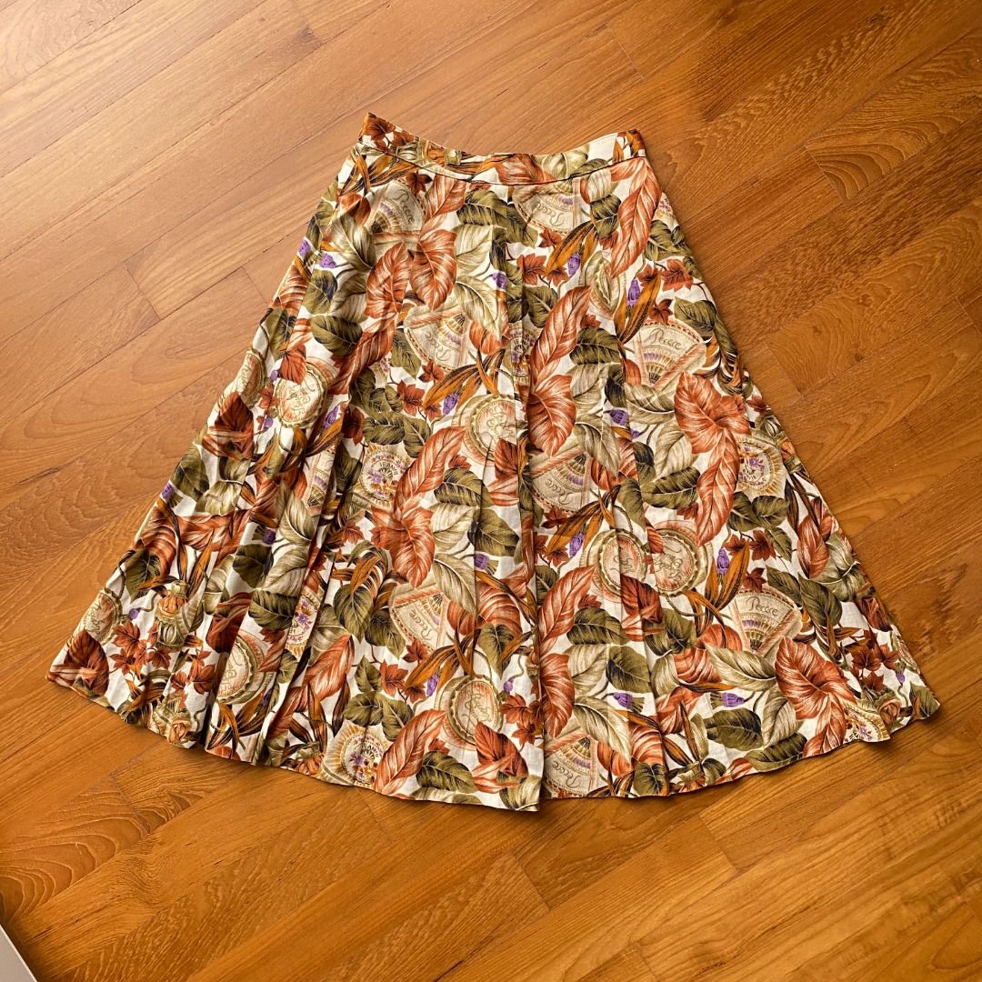 Vintage 70s Autumn Botanical Print Cotton Swing Skirt