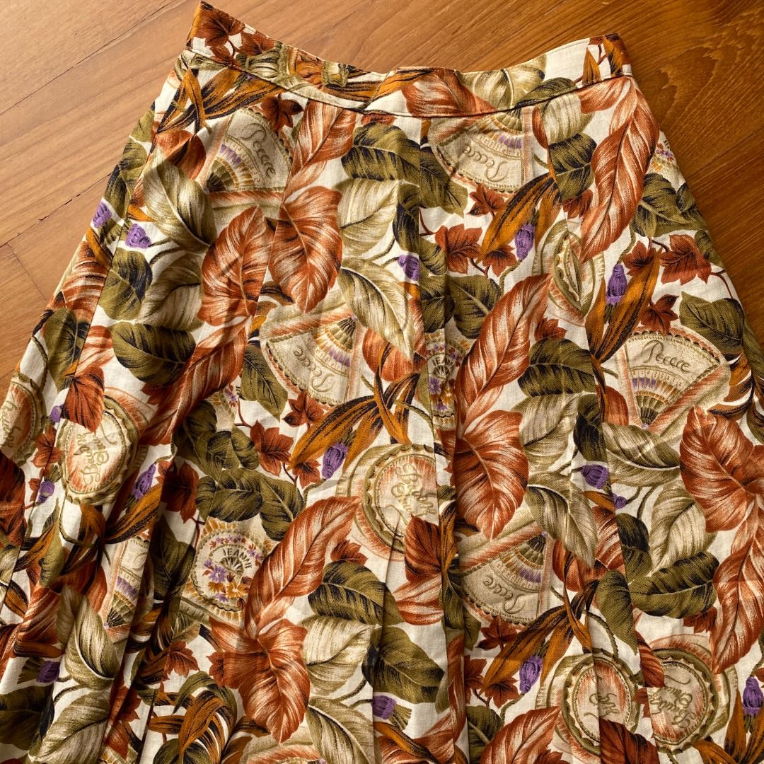 Vintage 70s Autumn Botanical Print Cotton Swing Skirt
