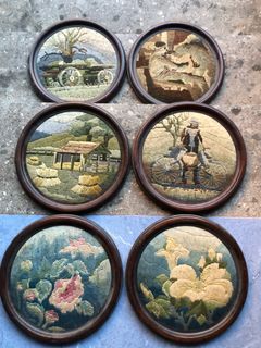 Vintages Retro Needlepoint Embroidery Round Wooden Frame
