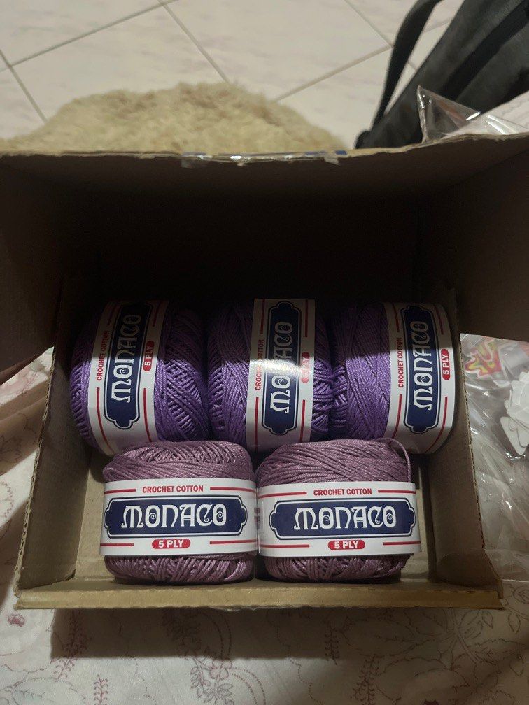 5ply Monaco 100% Mercerized Cotton Yarn (Category: Craft Supplies & Tools) located in Batangas. Submitted by declut.tingz (Listing ID 1291474739, Image 3). Description: Ordered the wrong item huhu 3 pcs - Old Rose 2 pcs - Lavender.