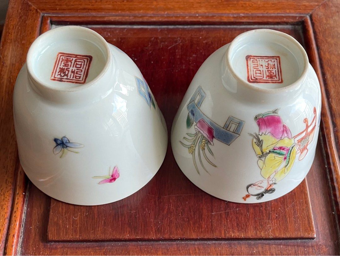中古 「同治年製」款 粉彩 九桃二福文 馬蹄杯 一対 茶杯 煎茶碗 CL0057 舊瓷粉彩人物紋杯一對（底款同治年制）, 興趣及遊戲, 收藏品及紀念品