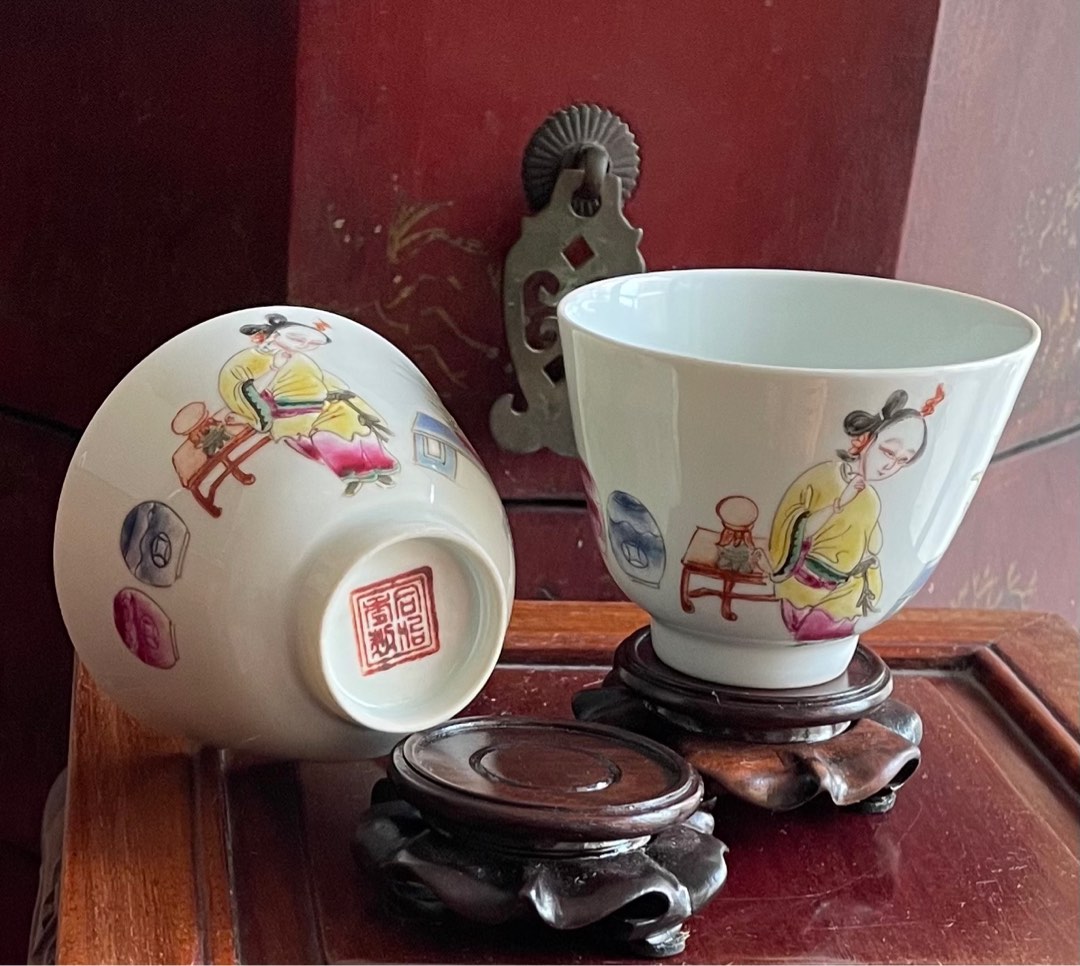 中古 「同治年製」款 粉彩 九桃二福文 馬蹄杯 一対 茶杯 煎茶碗 CL0057 _1709688367_853b9476.jpg