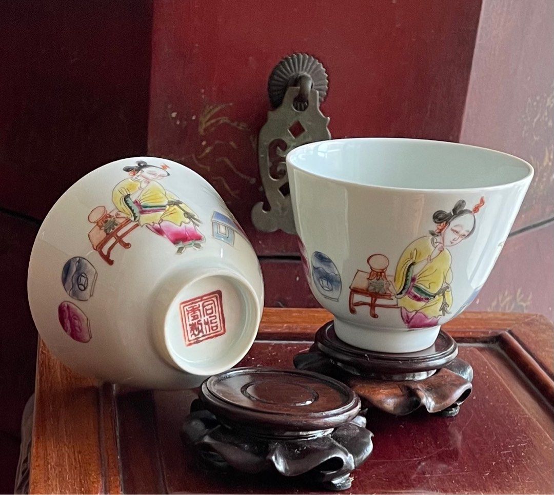 中国古董品 大清時代 清同治年制粉彩六方人物 中国古