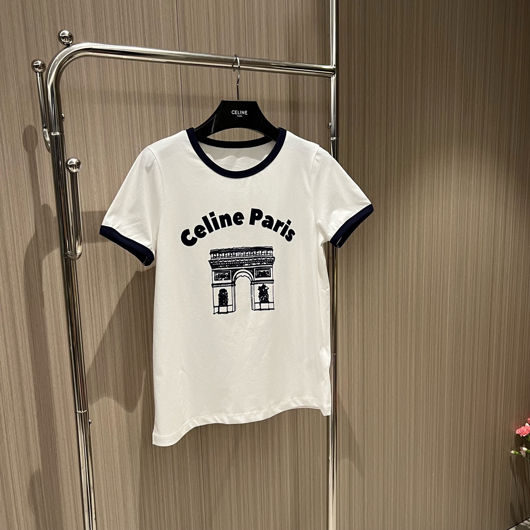 Authentic celine Arc De Triomphe Building Logo Letter Contrast Edging T shirt