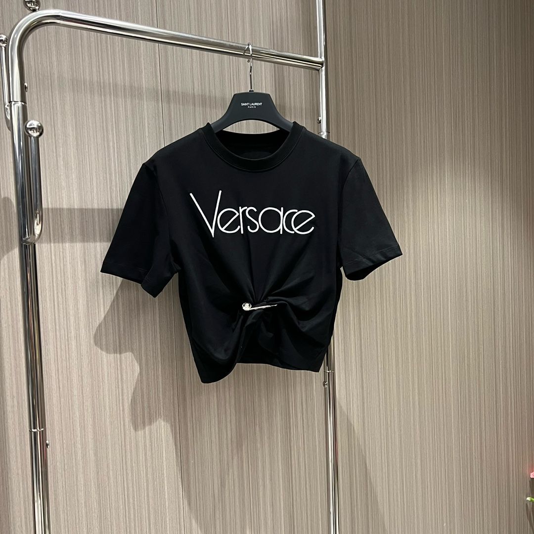 Authentic versace Embroidered Big Pin Knotted Short T shirt Women s Fashion Tops Shirts on Carousell