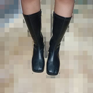 black, heelless, slim fitted leather boots 👢 [🏷️: grunge, goth, emo, equestrian, etc. ]